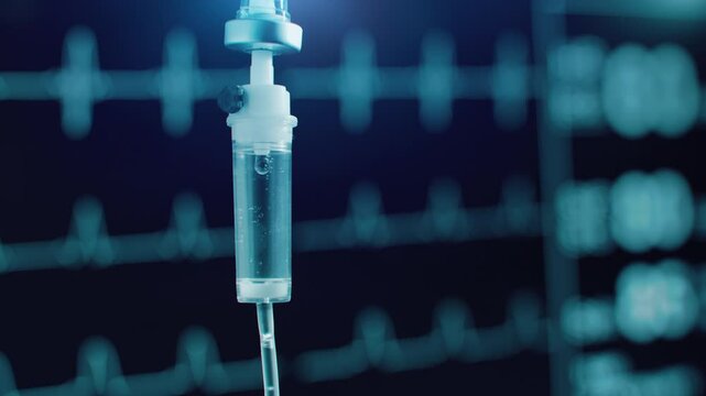 Medical IV saline drip with ECG monitor on the background. Healthcare technology for patient care and emergency treatment. Modern hospital equipment for recovery, surgery and intravenous therapy