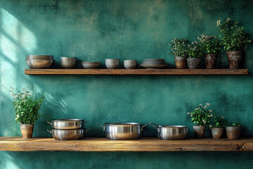 Fototapeta premium A cozy kitchen with open wooden shelves attached to a turquoise-green wall with a textured surface. 