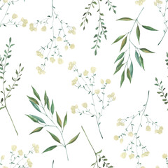 Seamless pattern with watercolor illustrations of various herbs. Seamless texture with hand-drawn green branches. Ideal for wedding, birthday, seasonal holidays.
