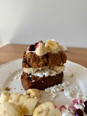 Carrot cake toast or called french toasted cake with buttercream and bananas