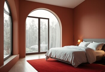 A serene and modern bedroom with a large arched window, featuring a comfortable bed, sleek nightstands, and a stylish rug, exuding a sense of calmness and tranquility.