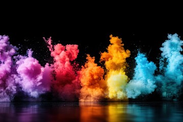 Colorful smoke clouds burst in vibrant hues against a dark background during a celebration event