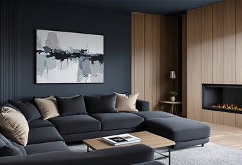 Modern Living Room with Dark Gray Walls and a Large Sectional Sofa.