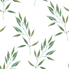 Seamless pattern with watercolor illustrations of various herbs. Seamless texture with hand-drawn green branches. Ideal for wedding, birthday, seasonal holidays.