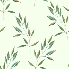 Seamless pattern with watercolor illustrations of various herbs. Seamless texture with hand-drawn green branches. Ideal for wedding, birthday, seasonal holidays.