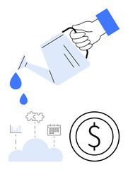 Hand pouring water from a watering can symbolizes nurturing growth, cloud graphics depict analytics, puzzle piece conceptualizes strategy, calendar signifies planning, and money suggests outcomes