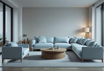 A modern living room featuring light blue furniture with wooden accents.
