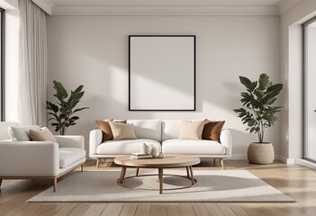 A modern minimalist living room with white couches and wooden coffee tables.