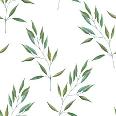 Seamless pattern with watercolor illustrations of various herbs. Seamless texture with hand-drawn green branches. Ideal for wedding, birthday, seasonal holidays.