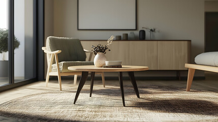 Fototapeta premium Modern Minimalist Living Room With Green Armchair Wooden Furniture Neutral Colors And Natural Light Interior Design