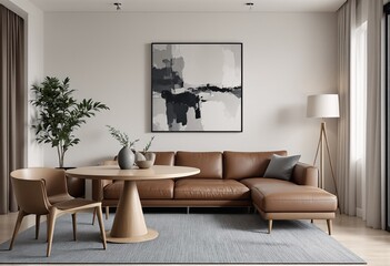 A modern living room with neutral color palette featuring light brown leather couch and wooden dining table.