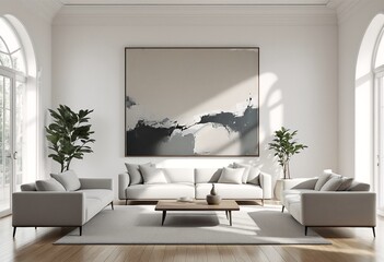 Modern living room with white couches and large abstract painting on wall.
