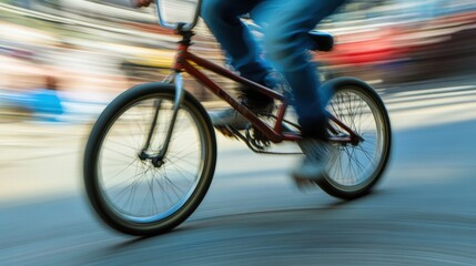Fototapeta premium Blurred motion of a person riding a BMX bike on a street.