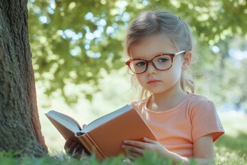 Fototapeta premium Young girl reading a book under a tree on a sunny day in a peaceful park
