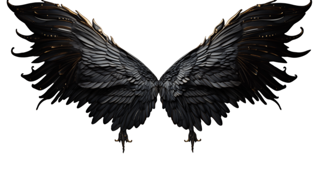 Black Angel Wings Golden Accents, Dark Gothic Fantasy Art with Powerful Design, isolated on transparent background.