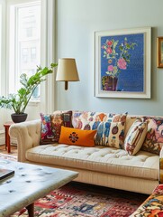 A living room with a couch and cushions on display