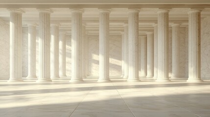 Hall with marble pillars, light, floor and ceiling, perspective view of the scene