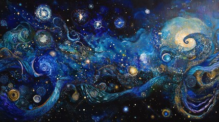 An abstract cosmic scene filled with dark blue hues, interspersed with brighter blue swirls and star-like dots