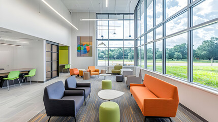 Modern Office Interior Design With Comfortable Furniture Bright Natural Light Large Windows And Green View