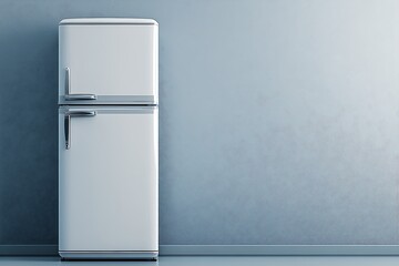 Minimalist modern fridge set against a grey background, with open space for branding or advertisement purposes.