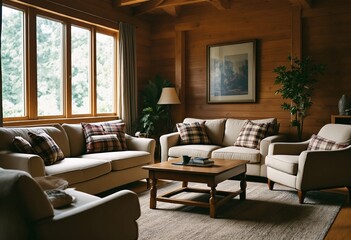 Fototapeta premium A cozy living room with wood paneling on the walls and ceiling, featuring two beige couches, three chairs, a coffee table, and a rug.