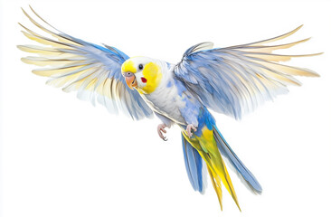 Obraz premium Colorful parrot with spread wings in flight on a white background