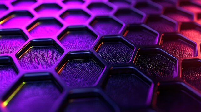 Hexagonal cell pattern with vibrant violet and red gradients in shallow depth
