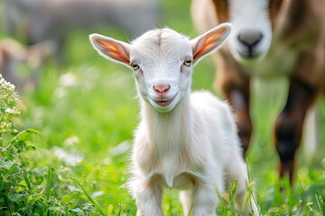 Obraz premium Cute baby goat in a grassy field with other goats