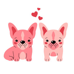 French Bulldog puppy. Two cute french bulldog puppy dogs and hearts. Love