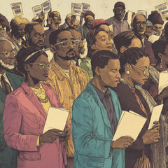 Diverse group of people holding papers, advocating for voting rights.  A powerful image of civil rights activism