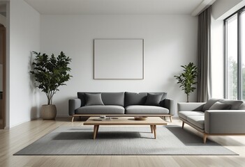 Modern Minimalist Living Room with White Walls and Light Wood Floors.