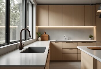Fototapeta premium Modern Kitchen with Light Wood Cabinets and White Countertops.