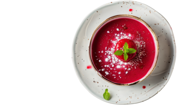 Delicious beetroot cream soup decorated with sorbet and powdered sugar on transparent background