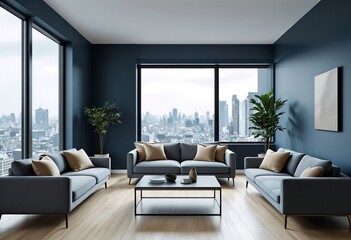 A modern living room with gray couches and a city skyline visible through large windows.