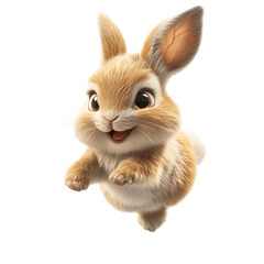 A Fluffy 3D Cartoon Rabbit with Oversized Ears Hopping Isolated on Transparent Background