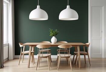 Fototapeta premium A modern dining room with a long wooden table and chairs set against a dark green wall.
