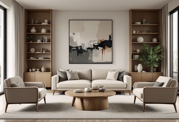 The Modern Living Room with Beige Furniture and Abstract Painting.