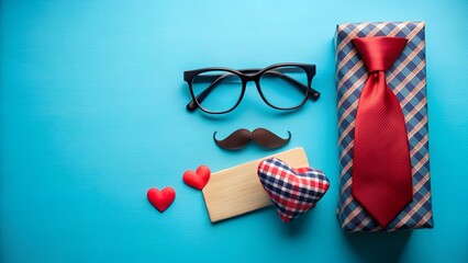 Obraz premium Father's day dad concept. Gift tie glasses mustache big hearts on a blue background.