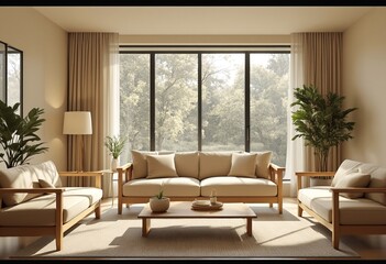 A modern minimalist living room with a light beige color scheme and natural wood accents.