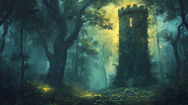 In the heart of the forest, an ancient spirit recounts the saga of nature, tales untold on national tell a story day. Forgotten - Tower. Illustration