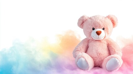 Pink teddy bear sitting in colorful smoke against a white background.