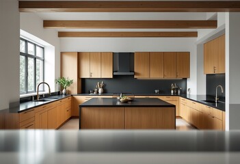 A modern kitchen with wooden cabinets and black countertops, featuring an island in the center.
