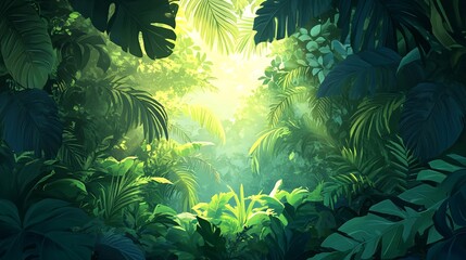 Ethereal Jungle Scene with Sunlight Peeking Through Leaves