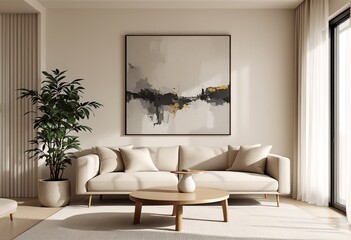 A modern beige living room with a minimalist aesthetic.