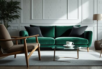 A modern living room with white paneled walls and wood floors, featuring a green velvet couch and a tan armchair on a gray rug.