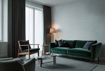 A Modern Living Room with a Green Velvet Sofa and Hexagonal Patterned Wallpaper.