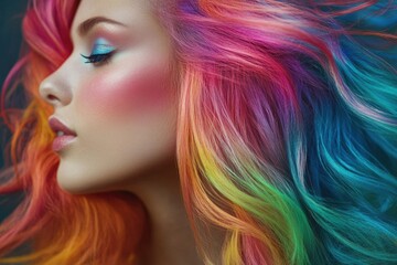 Fototapeta premium Portrait of a woman showcasing stunning multicolored hair highlighting vibrancy and beauty. Generated AI