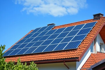 Naklejka premium Solar panels mounted on a house roof with red tiles under a clear blue sky. Generated AI