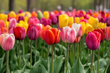 Colorful tulip garden in full bloom during springtime in a public park