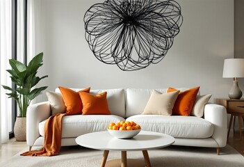 Modern Living Room with White Couch and Orange Accents.